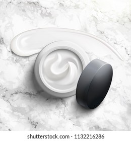Blank cosmetic jar mock up on marble stone table with smear cream in top view angle, 3d illustration