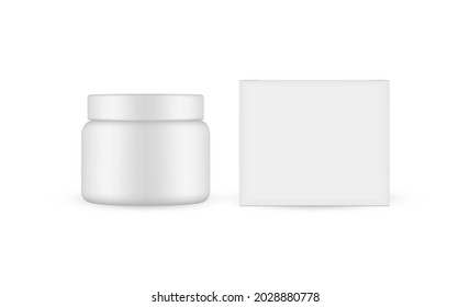 Blank Cosmetic Jar with Square Packaging Box Mockup, Front View, Isolated on White Background. Vector Illustration