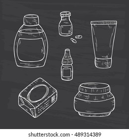 Blank cosmetic package collection. Hand drawn Cosmetic bottles and packaging. Vector illustration