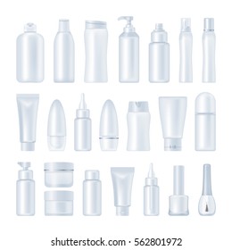 Blank cosmetic package collection isolated on white background. Set of tube for cream, shampoo, lotion, emulsion, deodorant, skin oil. nail polish, hear styling mock ups vector illustration