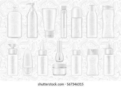 Colección de envases cosméticos en blanco aislada sobre fondo ornamental blanco. Conjunto de tubos de transmisión para crema, champú, loción, emulsión, desodorante, aceite de piel. esmalte de uñas, escuchar maquetas vectoriales de estilo