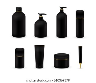 Blank cosmetic package collection set isolated on white background. Realistic cosmetic bottle mock up set. Shampoo and cream pack. Black color