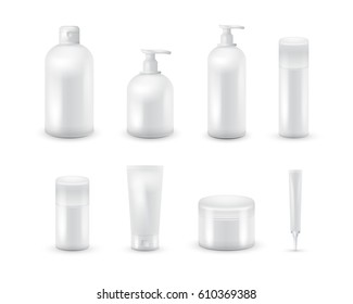 Blank cosmetic package collection set isolated on white background. Realistic cosmetic bottle mock up set. Shampoo and cream pack