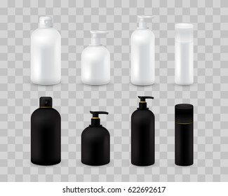 Blank cosmetic package collection set isolated on transparent checkered. Realistic cosmetic bottle mock up set. Shampoo and cream pack. Black and white color