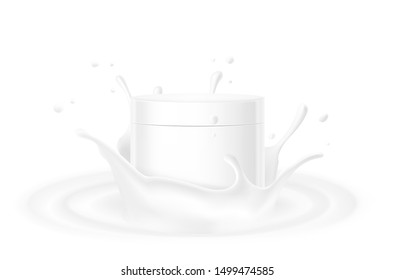 Blank cosmetic package container for creme with milk splash and drops. Vector illustration isolated on white background. Can be use for your design, advertising, promo and etc. EPS10.