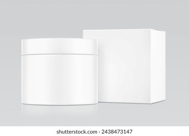 Blank cosmetic package container for creme, mask with box mockup. Vector illustration isolated on grey background. Can be use for your design, advertising, promo and etc. EPS10.