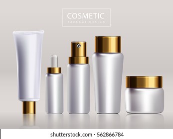 Blank cosmetic package design, white bottles and golden lids isolated on beige background in 3d illustration