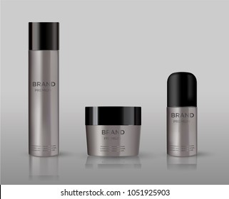 Blank cosmetic package metal mockup isolated on grey background. 
Metal tube for foam hear styling, hair spray, deodorant, creme. 
Mock up vector illustration.
