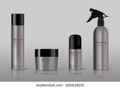 Blank Cosmetic Package Metal Mockup Isolated On Grey Background. 
Metal Tube For Foam Hear Styling, Hair Spray, Deodorant, Creme. 
Mock Up Vector Illustration.