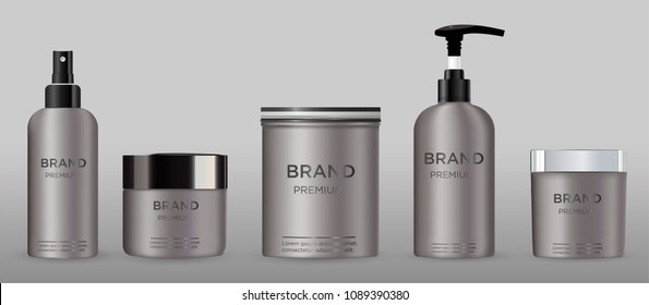 Blank cosmetic package metal mockup isolated on grey background. 
Metal tube for foam hear styling, hair spray, deodorant, creme. 
Mock up vector illustration. Black and silver cap.