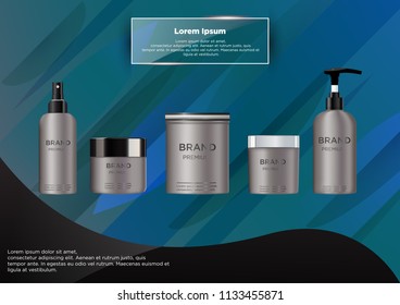 Blank cosmetic package metal mockup isolated on grey background. 
Metal tube for foam hear styling, hair spray, deodorant, creme. 
Mock up vector illustration. Black and silver cap. Isolated on abstra