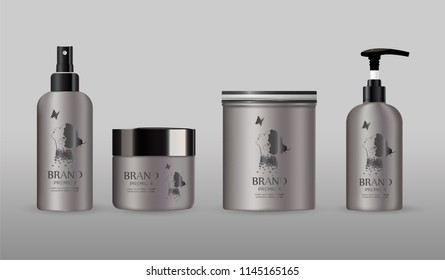 Blank cosmetic package metal mockup isolated on grey background set. 
Metal tube for foam hear styling, hair spray, deodorant, creme. 
Mock up vector illustration.