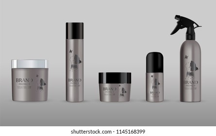 Blank cosmetic package metal mockup isolated on grey background set. 
Metal tube for foam hear styling, hair spray, creme. 
Mock up vector illustration.