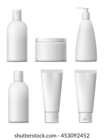 Blank cosmetic package set. White plastic bottle, beauty product. ?ollection for cream, shampoo, lotion, foams, isolated on white background. 
