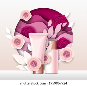 Blank cosmetic packaging bottle tube mockup, paper cut craft style pink floral background, vector illustration. Beauty and skin care cosmetic product ads template.