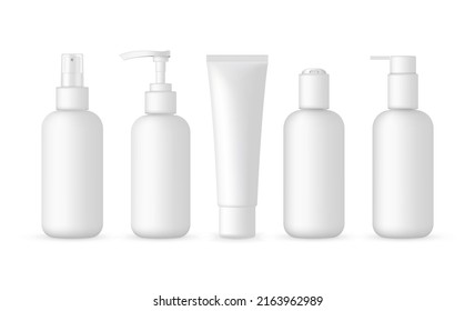 Blank Cosmetic Packaging Bottles Mockup: Tube, Spray, Pump Bottles. Vector Illustration