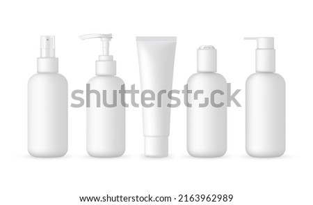 Blank Cosmetic Packaging Bottles Mockup: Tube, Spray, Pump Bottles. Vector Illustration