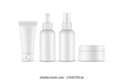 Blank cosmetic packaging mockup: jar, tube, dropper, spray bottle. Vector illustration