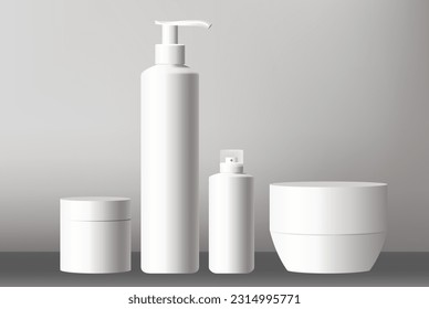 Blank cosmetic packaging mockup. Jar, bottle with press pump, small and tall bottles.