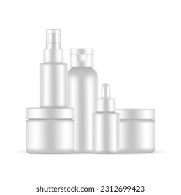 Blank Cosmetic Packaging Mockup: Jars, Dropper, Spray, Flip Cap Bottle. Vector illustration