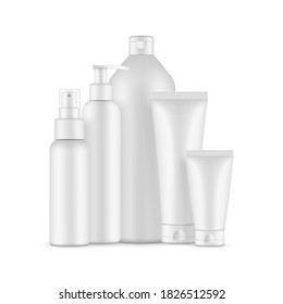 Blank cosmetic packaging mockup: pump and spray bottles, big bottle for shampoo, small and high tubes. Vector illustration