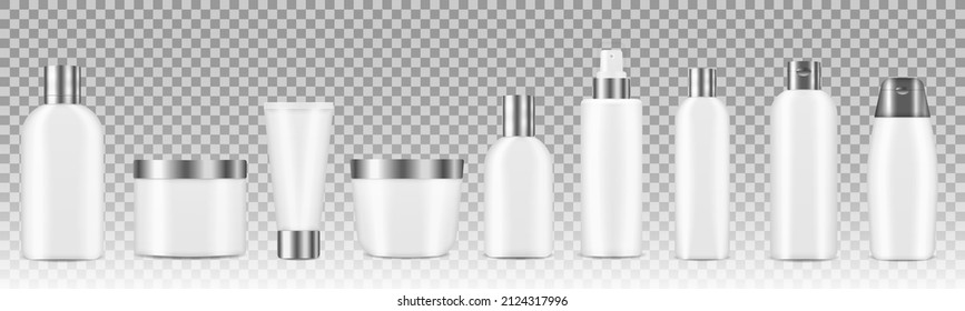 Blank cosmetic packaging mockup. Set of beauty product bottles and containers for cosmetics with space for brand name. Sprayer bottle template for mock up your design. 3d realistic vector illustration