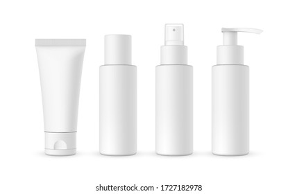 Blank cosmetic packaging mockup: tube, spray, bottle with press pump. Vector illustration