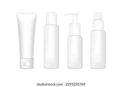 Modelación en blanco de los envases cosméticos: tubo, pulverización, frasco con bomba de presión.gel del frasco - Ilustración del vector.