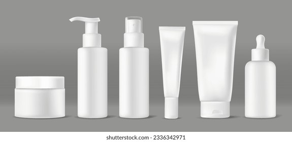 Leere Kosmetikverpackung. Creme und Lotion. Marketing und Werbung für kosmetische Mittel. Vorlage, Layout und Muster. Realistische isometrische Vektorgrafik einzeln auf grauem Hintergrund