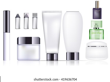 Blank cosmetic and perfume package set isolated on white background. Vector mock up design.