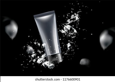 Blank cosmetic plastic tube in 3d illustration underwater with floating bubbles, dark background