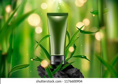 Blank cosmetic plastic tube in 3d illustration on tranquil bamboo forest scene with leaves and carbon