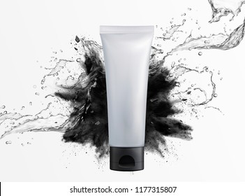 Blank cosmetic plastic tube with charcoal powder explosion and splashing liquid on white background, 3d illustration