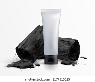 Blank cosmetic plastic tube with charcoal in 3d illustration, white background