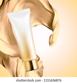 Blank cosmetic plastic tube with satin fabric on golden color background, 3d illustration