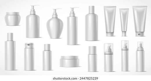 Blank cosmetic products containers realistic vector illustration set. Different refillable packages 3d objects on white background