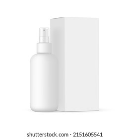 Blank Cosmetic Spray Bottle Mockup with Paper Box Side View, Isolated on White Background. Vector Illustration