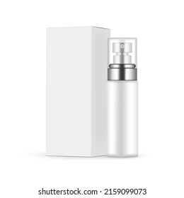 Blank Cosmetic Spray Bottle Mockup With Transparent Cap for Perfume or Serum, Paper Packaging Box, Side View. Vector Illustration