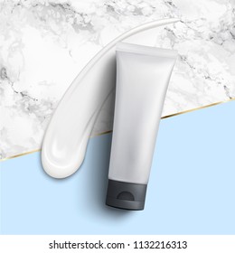 Blank cosmetic tube mock up on marble stone and geometric background with smear cream in top view angle, 3d illustration