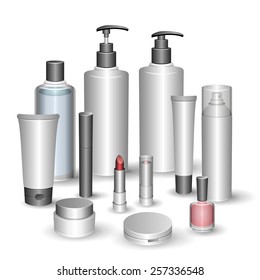 Blank cosmetic tubes isolated on white background. Shampoo, hair conditioner, toner, mist, cream, foundation, foam cleanser, mascara, nail polish, lipstick, compact powder. Place for your text. Vector