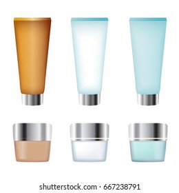 Blank cosmetic tubes and jars in different colors, packaging, illustration vector