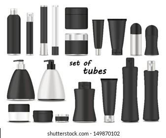 Blank cosmetic tubes  on white background. Black and silver colors. Place for your text. Vector