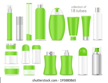 Blank cosmetic tubes  on white background. Green, white and silver colors. Place for your text. Vector