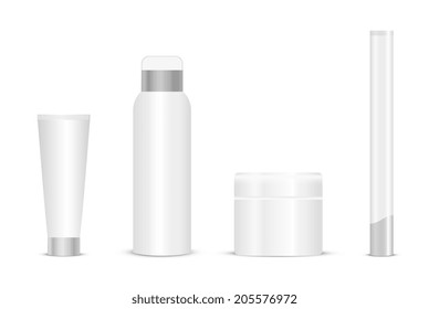 Blank cosmetic tubes on white background. White and silver colors. Place for your text. Vector 