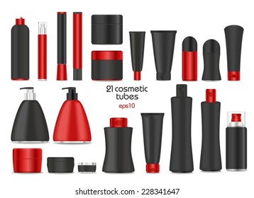 Blank cosmetic tubes  on white background. Black and red colors. Place for your text. Vector