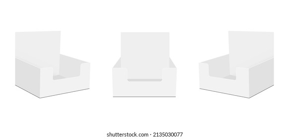 Blank Counter Display Boxes Mockups, Front and Side View, Isolated on White Background. Vector Illustration