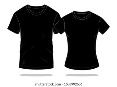 Blank Couple Black Short Sleeve T-Shirt Template on White Background, Front View.