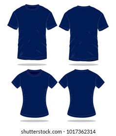 Blank Couple Short Sleeve Navy T-Shirt Template on White Background. Front and Back Views, Vector File.