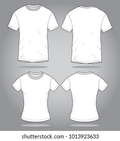 Blank Couple White Short Sleeve T-Shirt Template on Gray Background. Front and Back Views, Vector File.