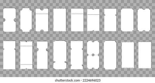Plantillas de cupones en blanco .Plantilla de boletos en blanco.Iconos vacíos de tarjetas de entrada . Tarjetas de cupón, entradas, vales de regalo o certificados.Juego de cupones blancos con fondo transparente.